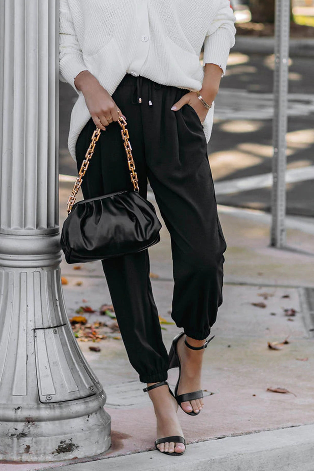 Black Solid Color Drawstring Smocked Waist Joggers - LA Grand