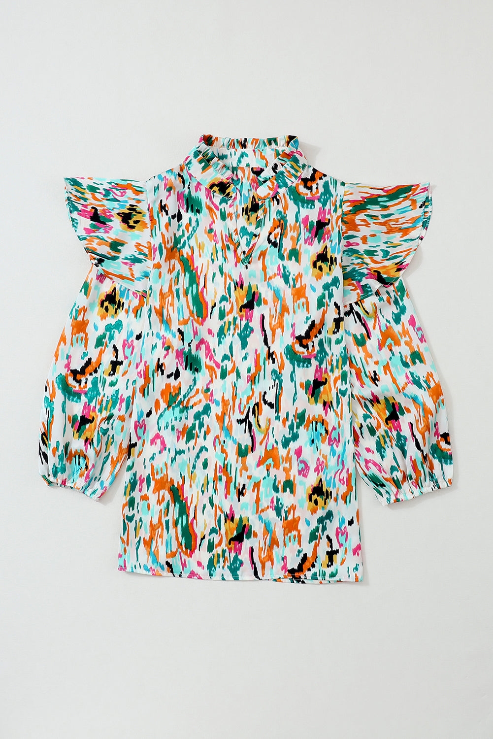 Multicolour Abstract Print 3/4 Puff Sleeve Ruffle Blouse - LA Grand