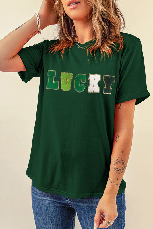 Green LUCKY Glitter Chenille Patched Crew Neck T Shirt - LA Grand