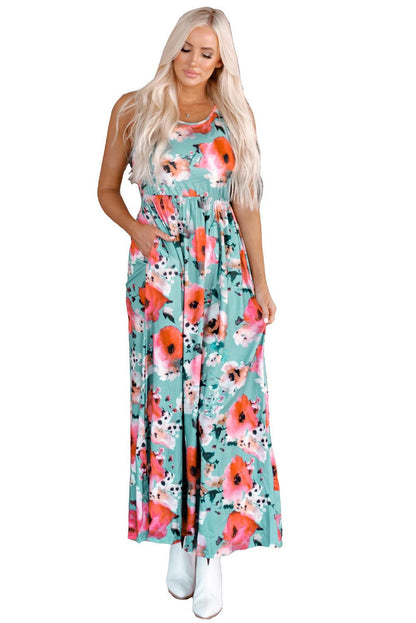 Sky Blue Boho Print Sleeveless High Waist Long Floral Dress - LA Grand