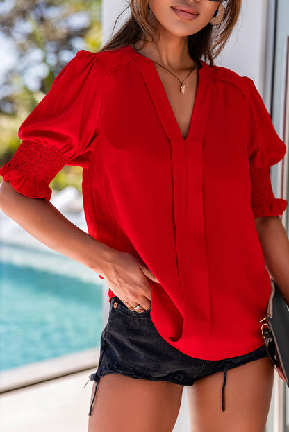 Fiery Red Solid Color Half Sleeve V Neck Blouse - LA Grand