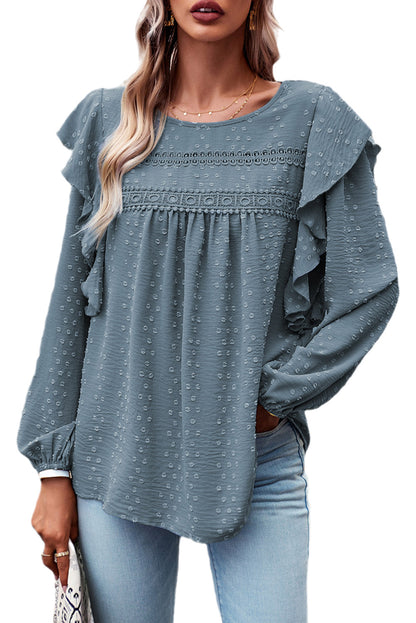 Sky Blue Lace Eyelet Ruffle Shoulder Long Sleeve Blouse - LA Grand