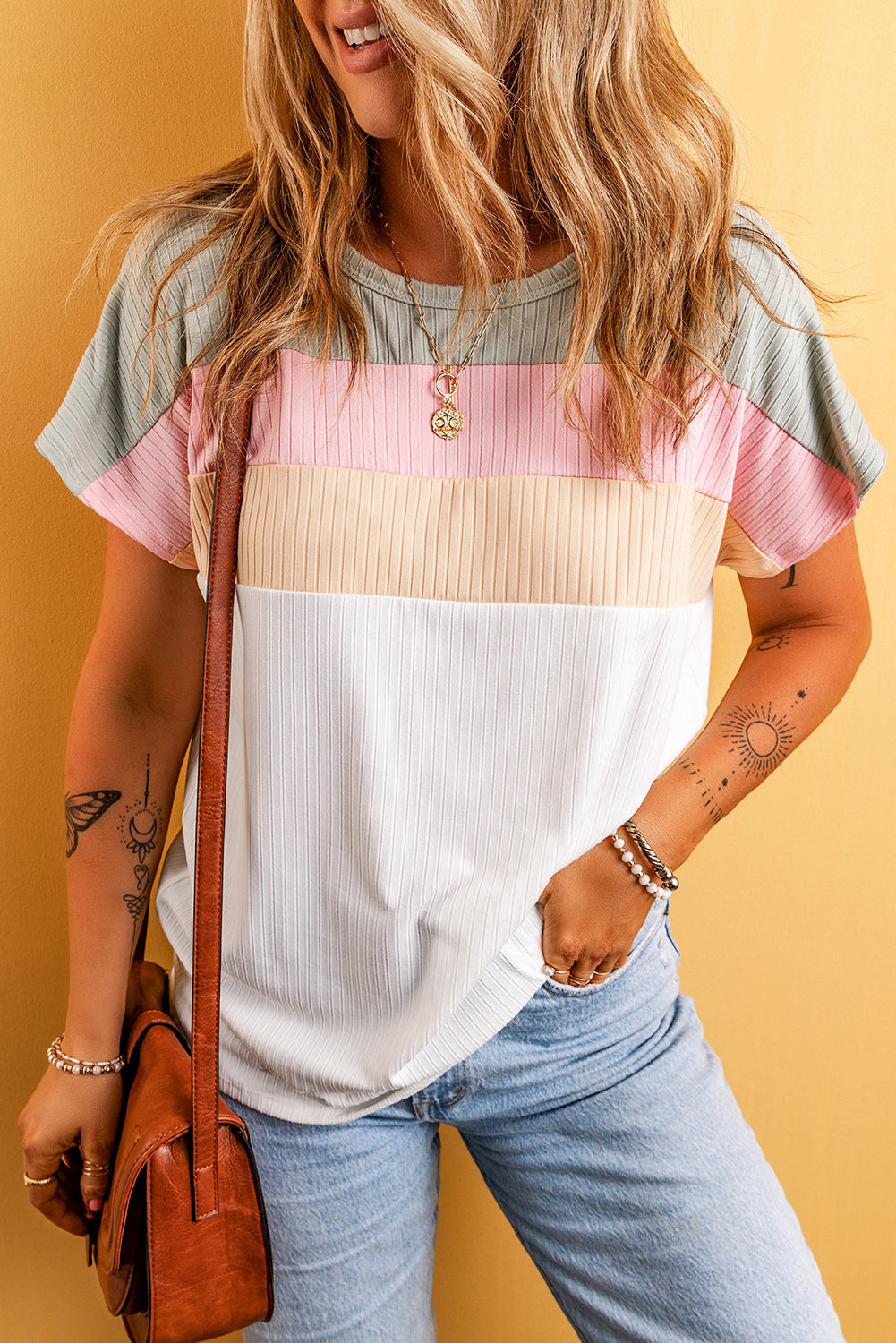 White Ribbed Color Block Patchwork T-shirt - LA Grand