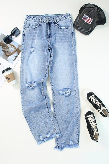 Sky Blue Washed Ripped Wide Leg High Waist Jeans - LA Grand