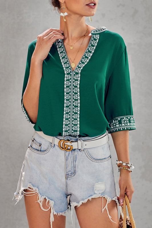 Green Chic Boho V Neckline Half Sleeve Blouse - LA Grand