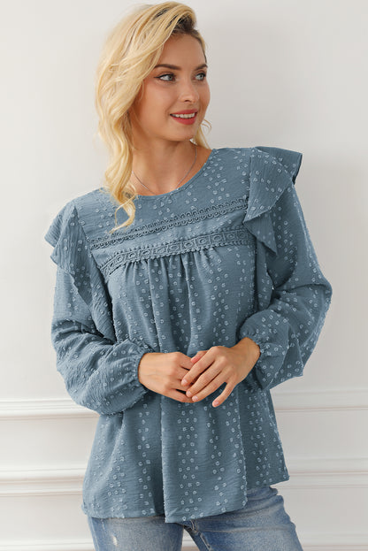 Sky Blue Lace Eyelet Ruffle Shoulder Long Sleeve Blouse - LA Grand