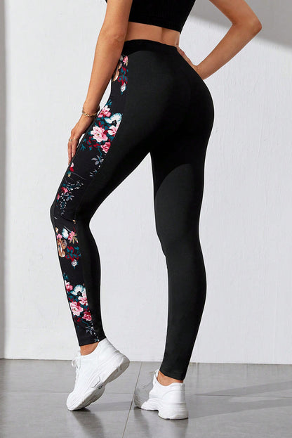 Black Floral Print Patch High Waist Leggings - LA Grand