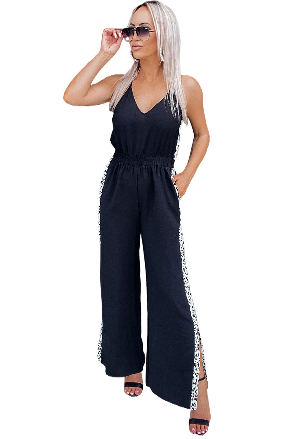 Black Leopard Patchwork Spaghetti Strap Wide Leg Jumpsuit - LA Grand