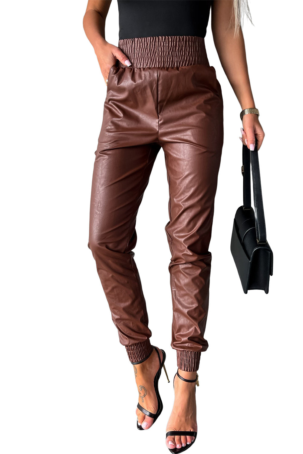 Brown Smocked High-Waist Leather Skinny Pants - LA Grand