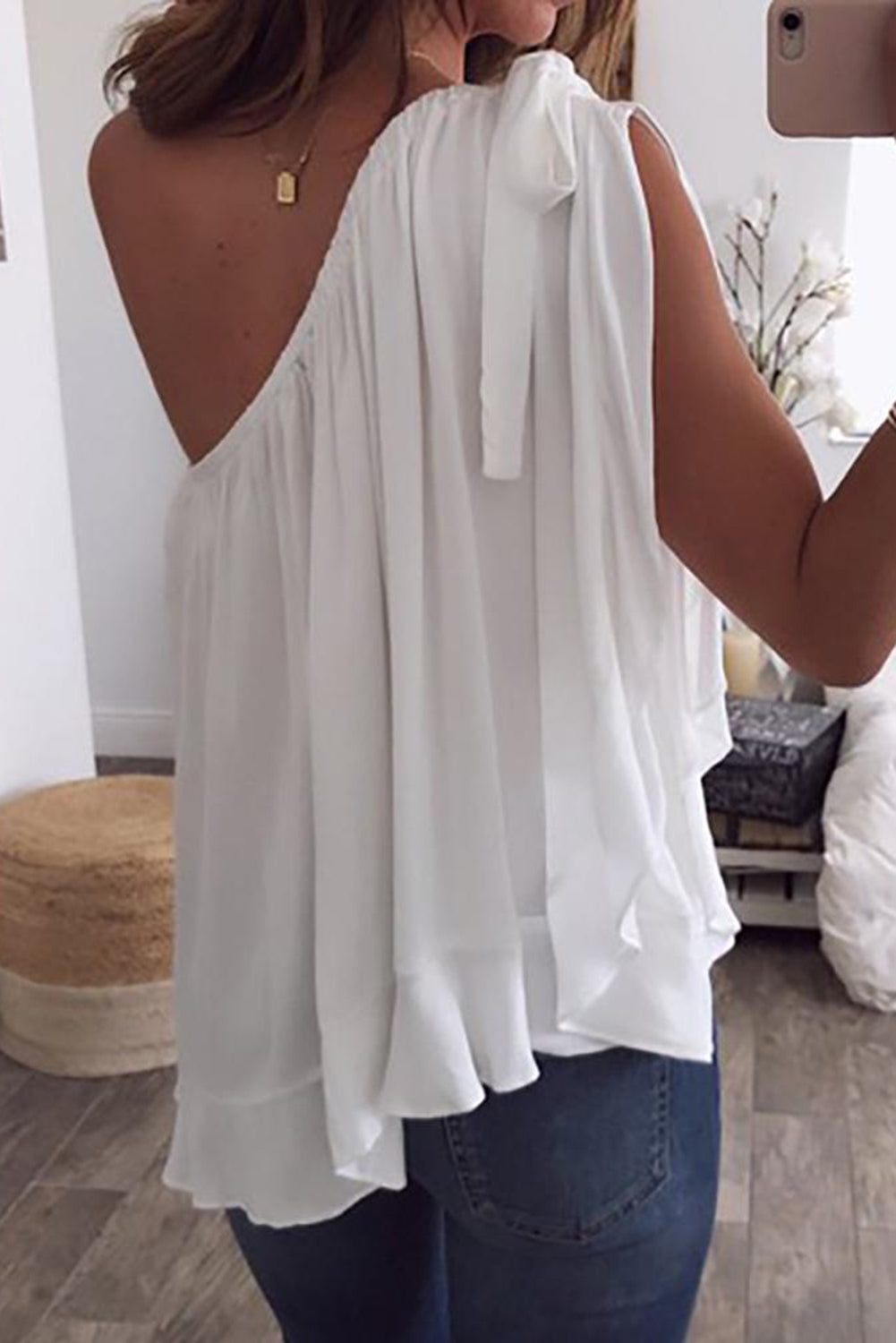 White One Shoulder Sleeveless Ruffle Chiffon Top - LA Grand