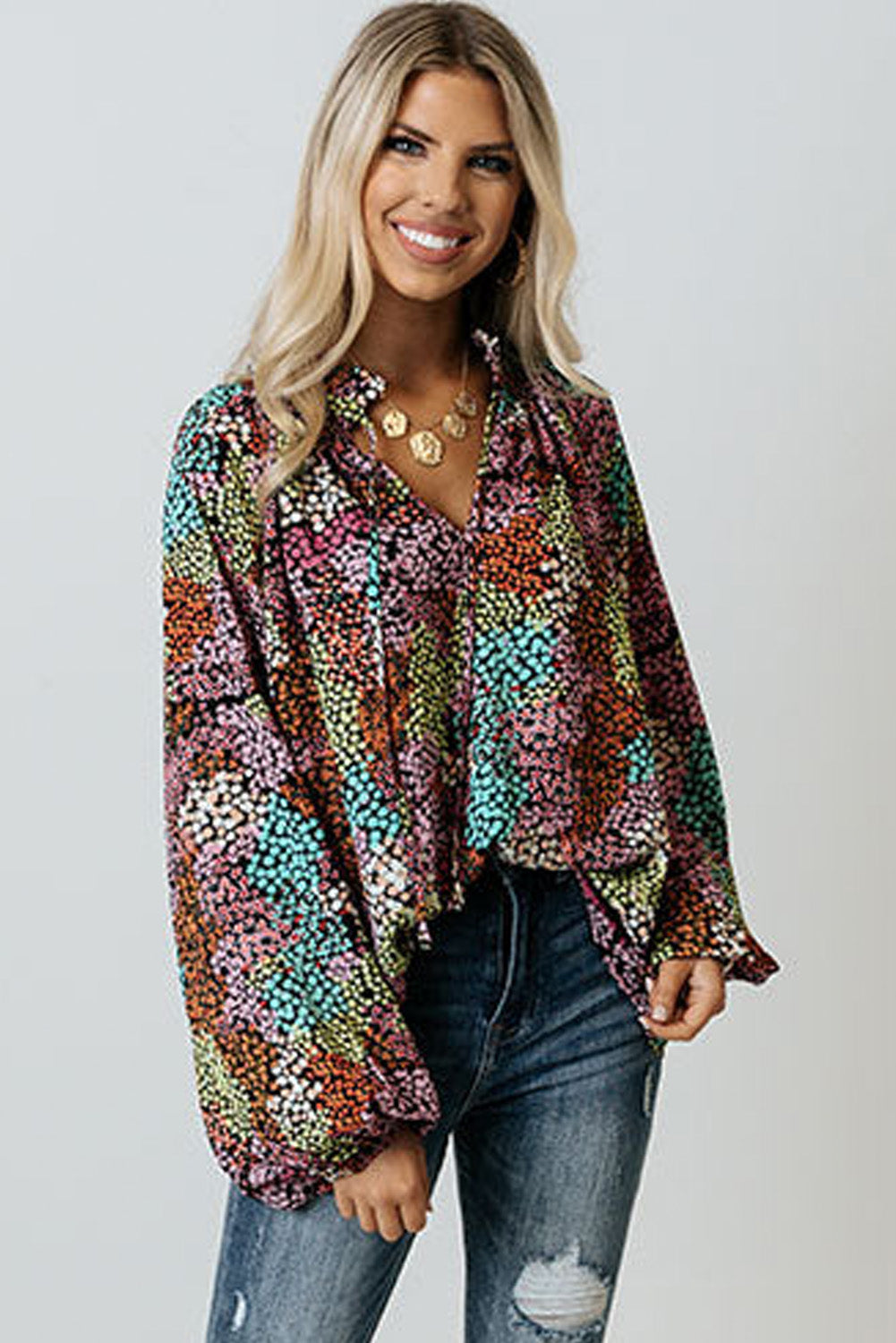 Multicolor Vibrant Floral Tie V Neck Puff Sleeve Blouse - LA Grand