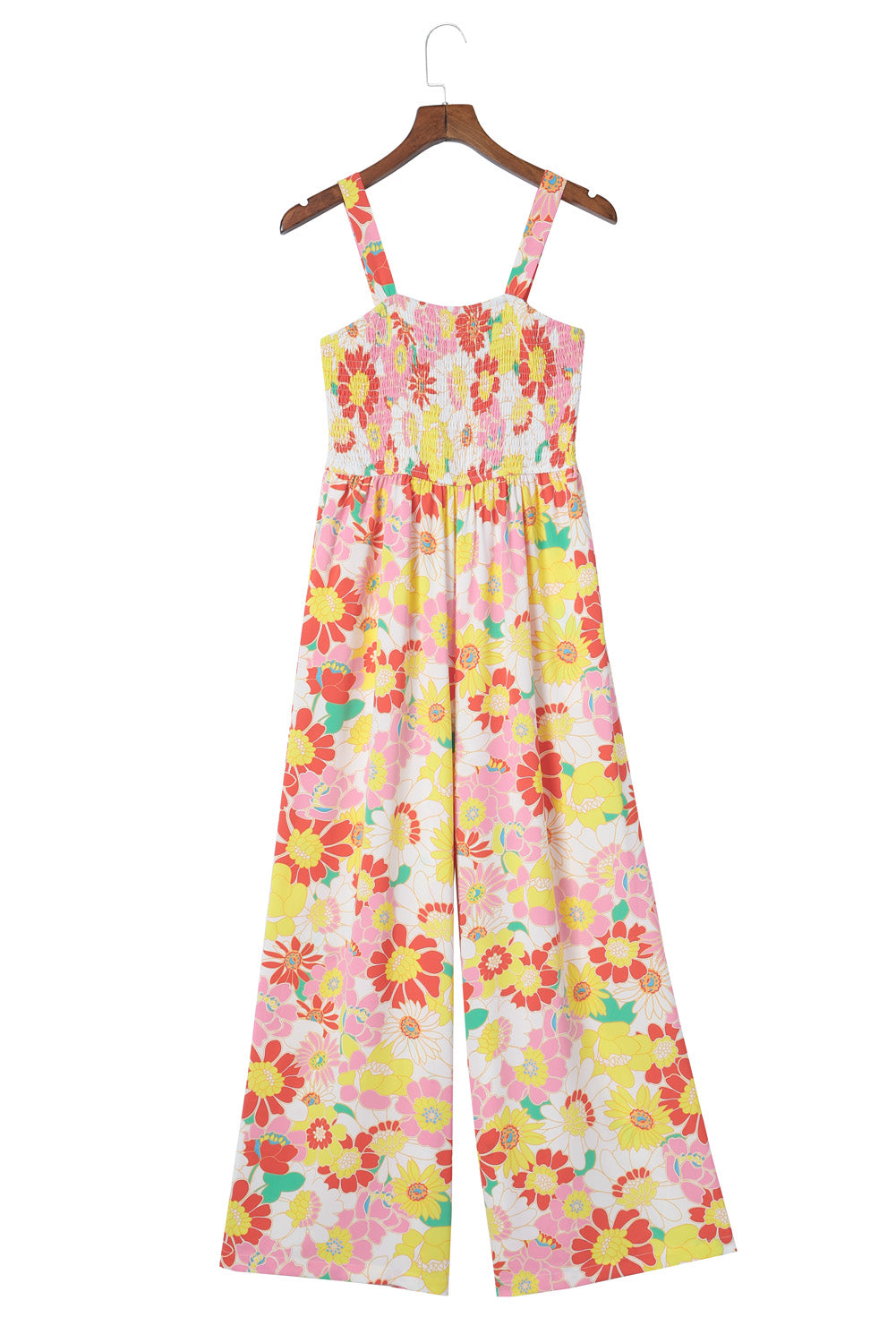 Multicolor Floral Print Shirred Sleeveless Wide Leg Jumpsuit - LA Grand