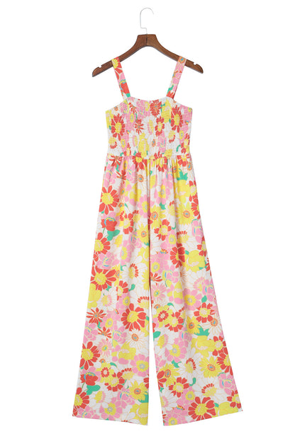 Multicolor Floral Print Shirred Sleeveless Wide Leg Jumpsuit - LA Grand