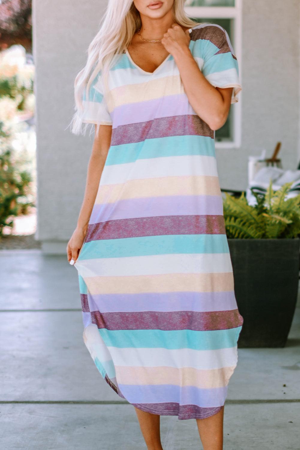 Striped Color Block V Neck T Shirt Midi Dress - LA Grand