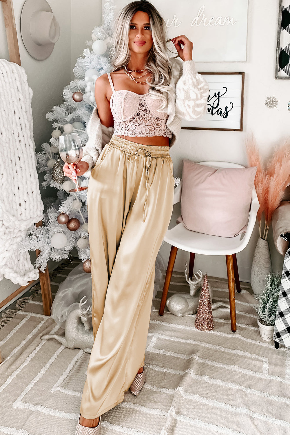 Apricot Pockets Drawstring High Waist Wide Leg Pants - LA Grand