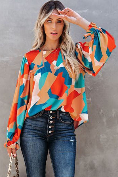 Abstract Pattern Crewneck Ruffled Puff Sleeve Blouse - LA Grand