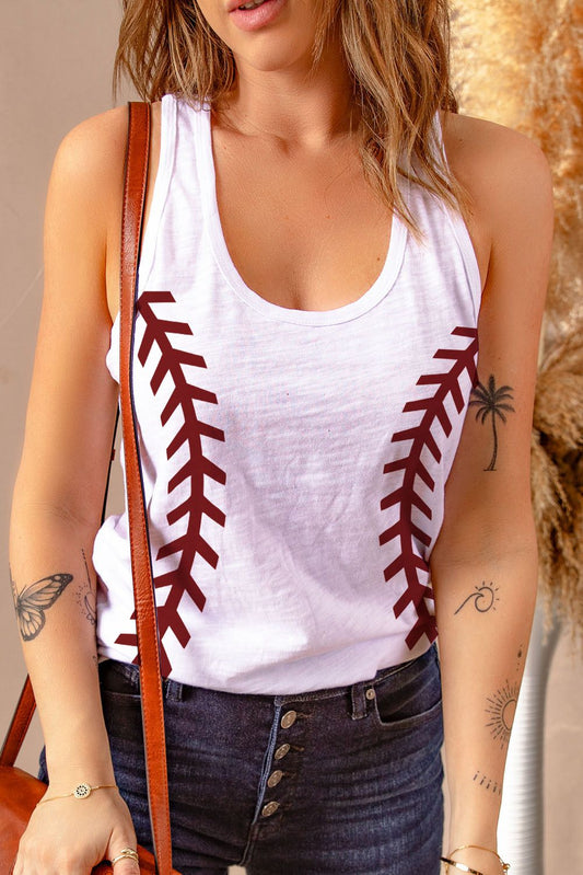 White Casual Baseball Print Graphic Tank Top - LA Grand