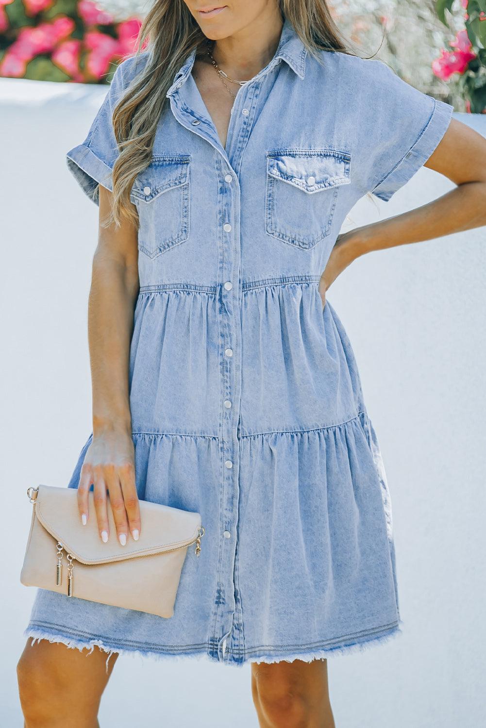 Frayed Pocket Button-Front Denim Mini Dress - LA Grand