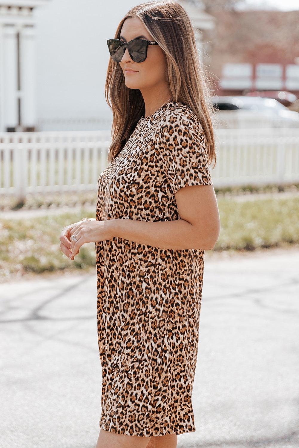 Leopard Print Short Sleeve A-line Mini Dress - LA Grand