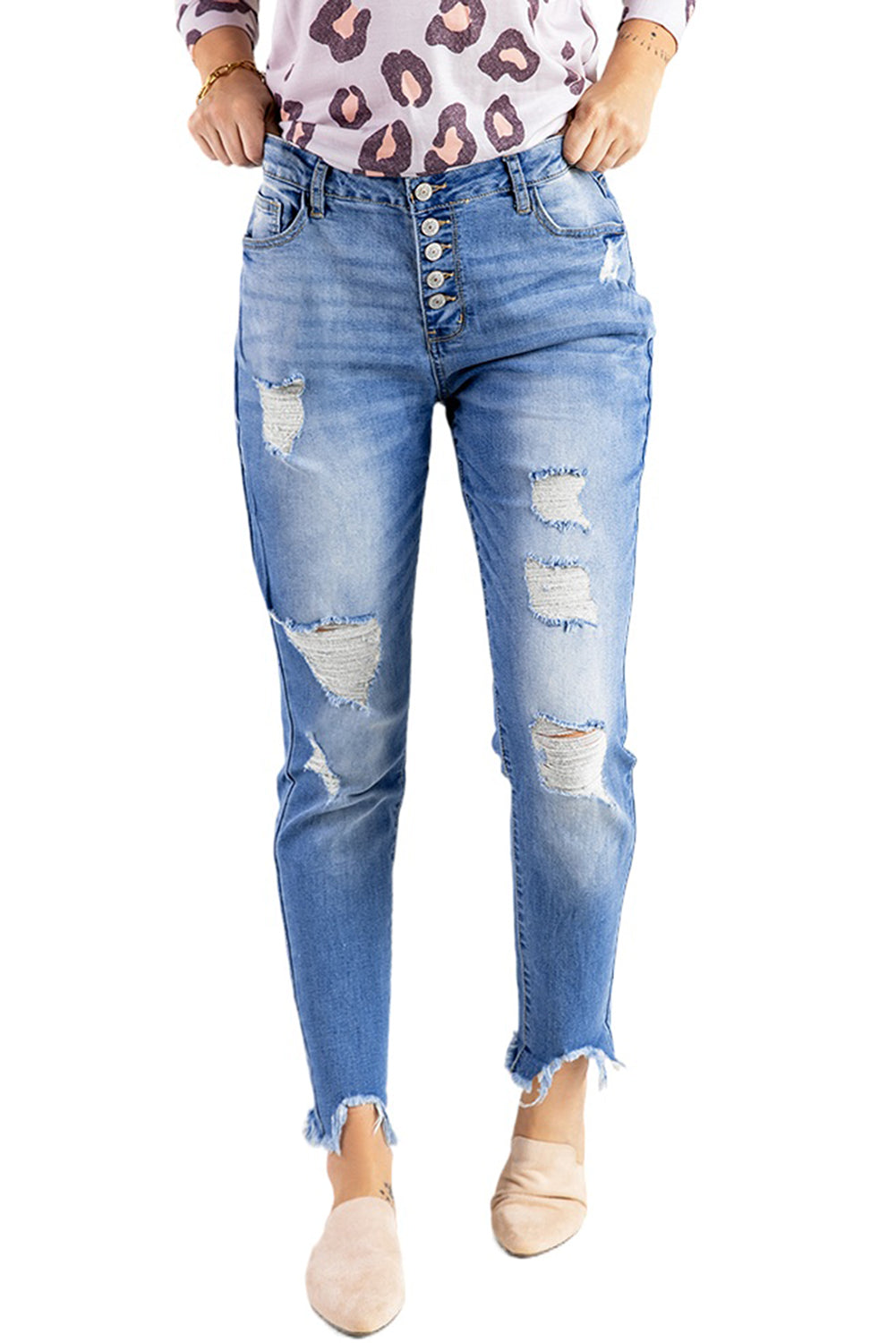 Blue High Rise Button Front Frayed Ankle Skinny Jeans - LA Grand