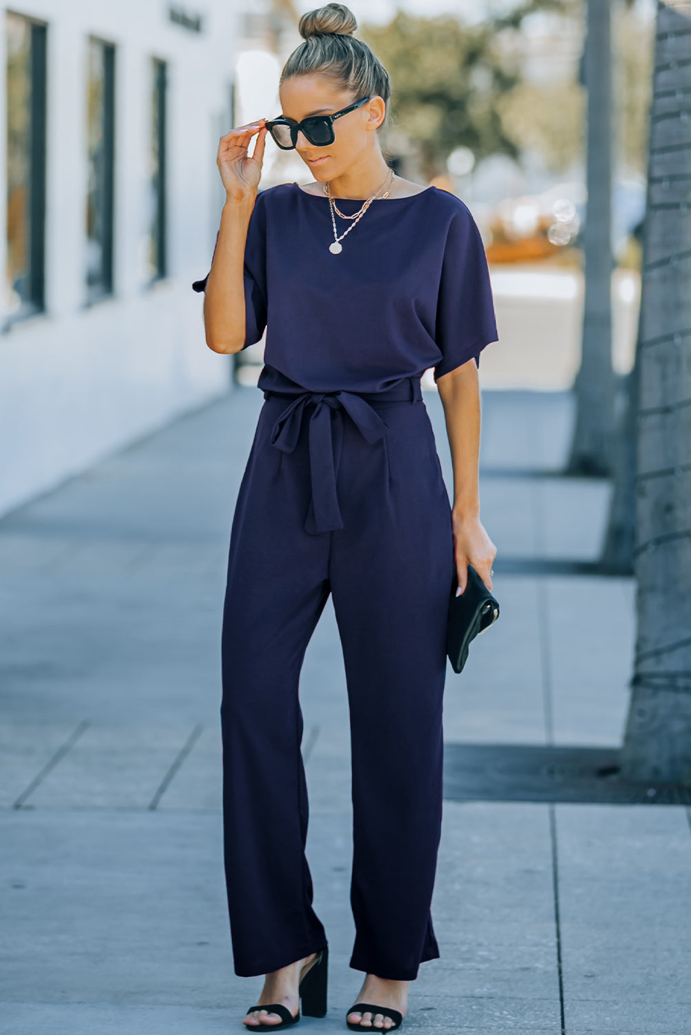 Indigo Glamour: Belted Wide Leg Jumpsuit - LA Grand