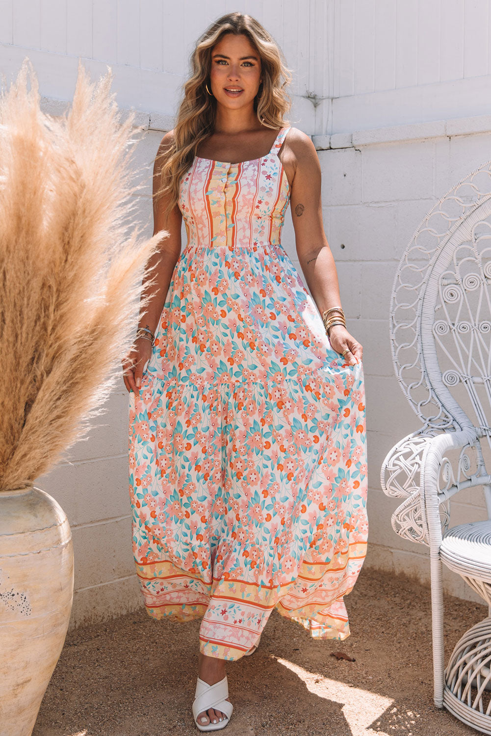 Orange Boho Floral Print Sleeveless Tiered Maxi Dress - LA Grand