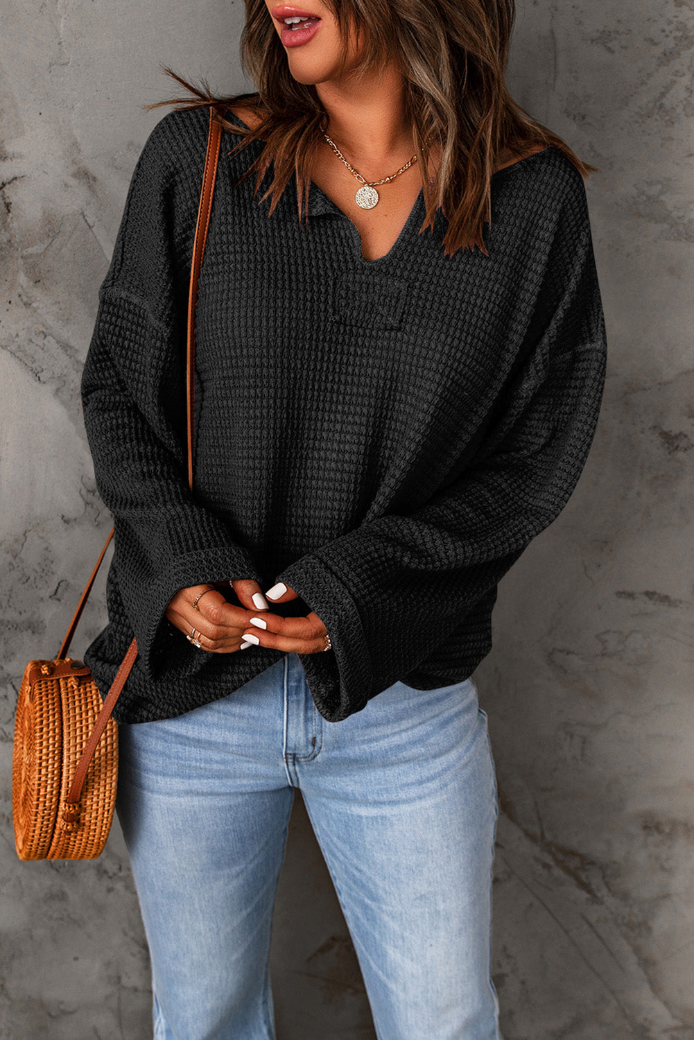 Dusk Blue Waffle Knit Loose Long Sleeve Top - LA Grand