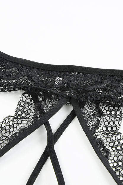 Black 2pcs Lace Open Cut Chain Decor Lingerie Set - LA Grand