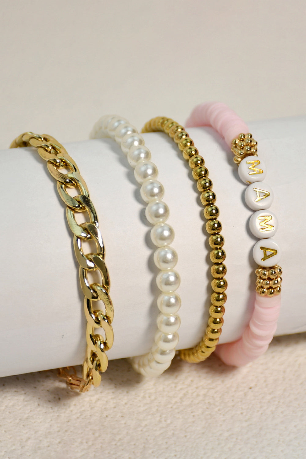 Gold 4PCS MAMA Pearls Beaded Chain Bracelets Set - LA Grand