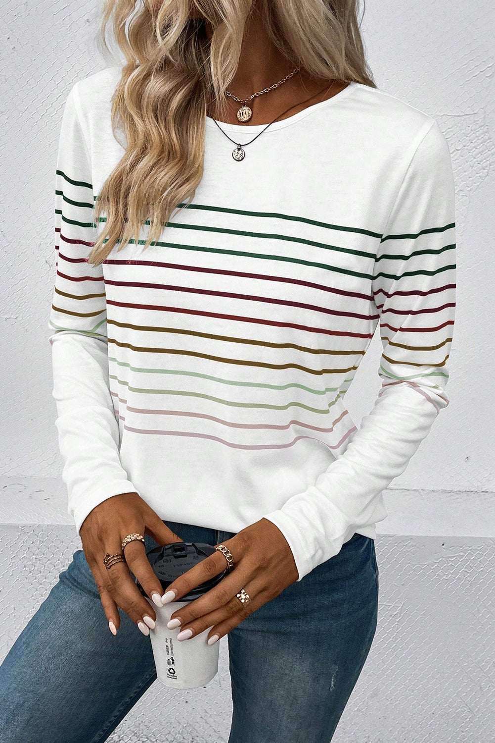 Multicolor Striped Crew Neck Long Sleeve Top - LA Grand