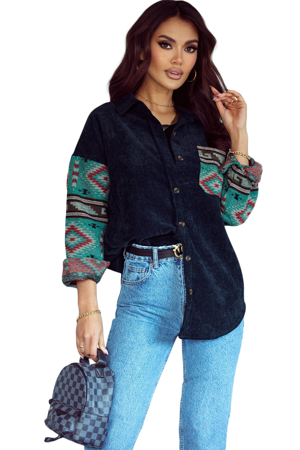 Aztec Pattern Sleeve Pocketed Corduroy Shacket - LA Grand