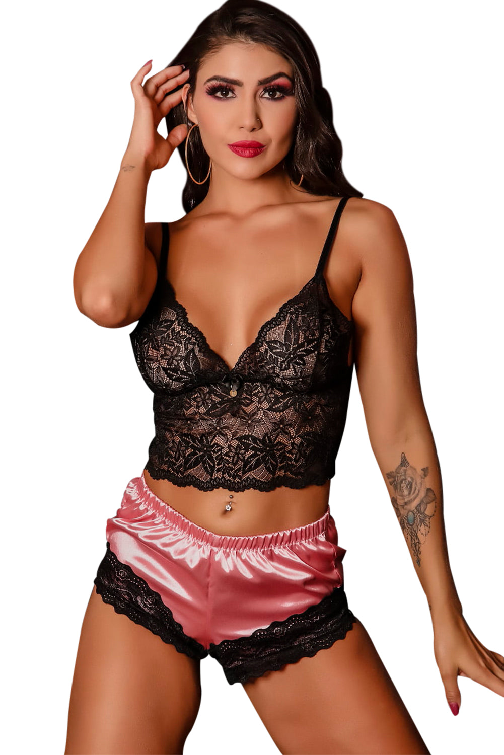 Black 2pcs Lace Spaghetti Straps Lingerie Set - LA Grand