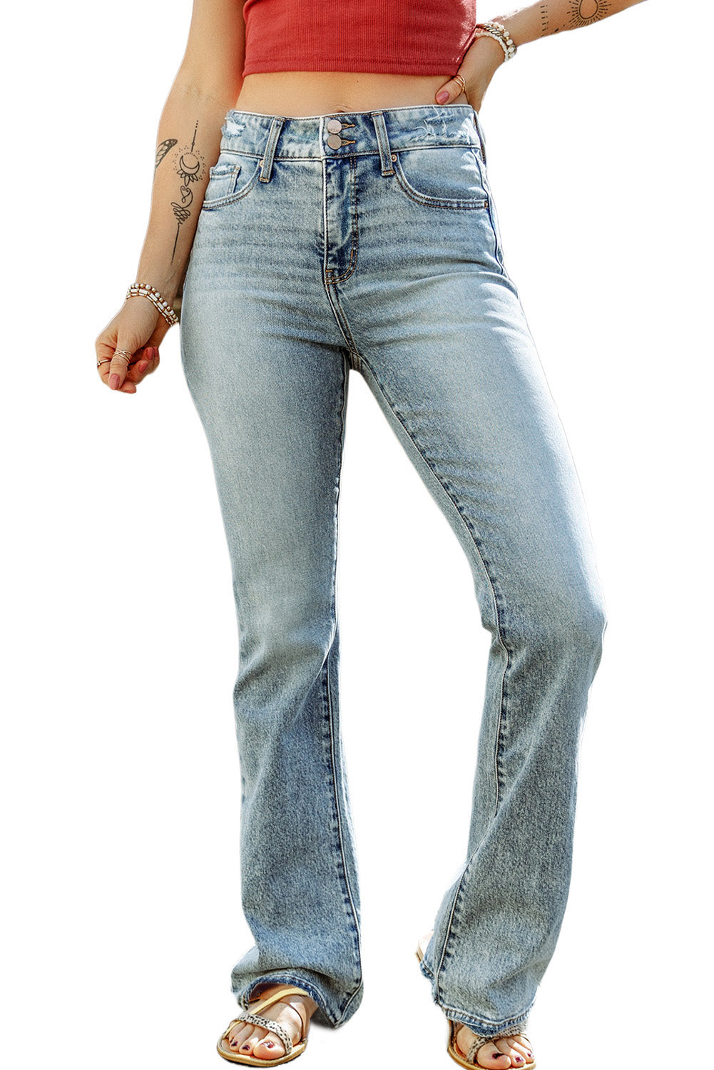 Sky Blue Subtle Ripped Detail Flare Bottom Jeans - LA Grand