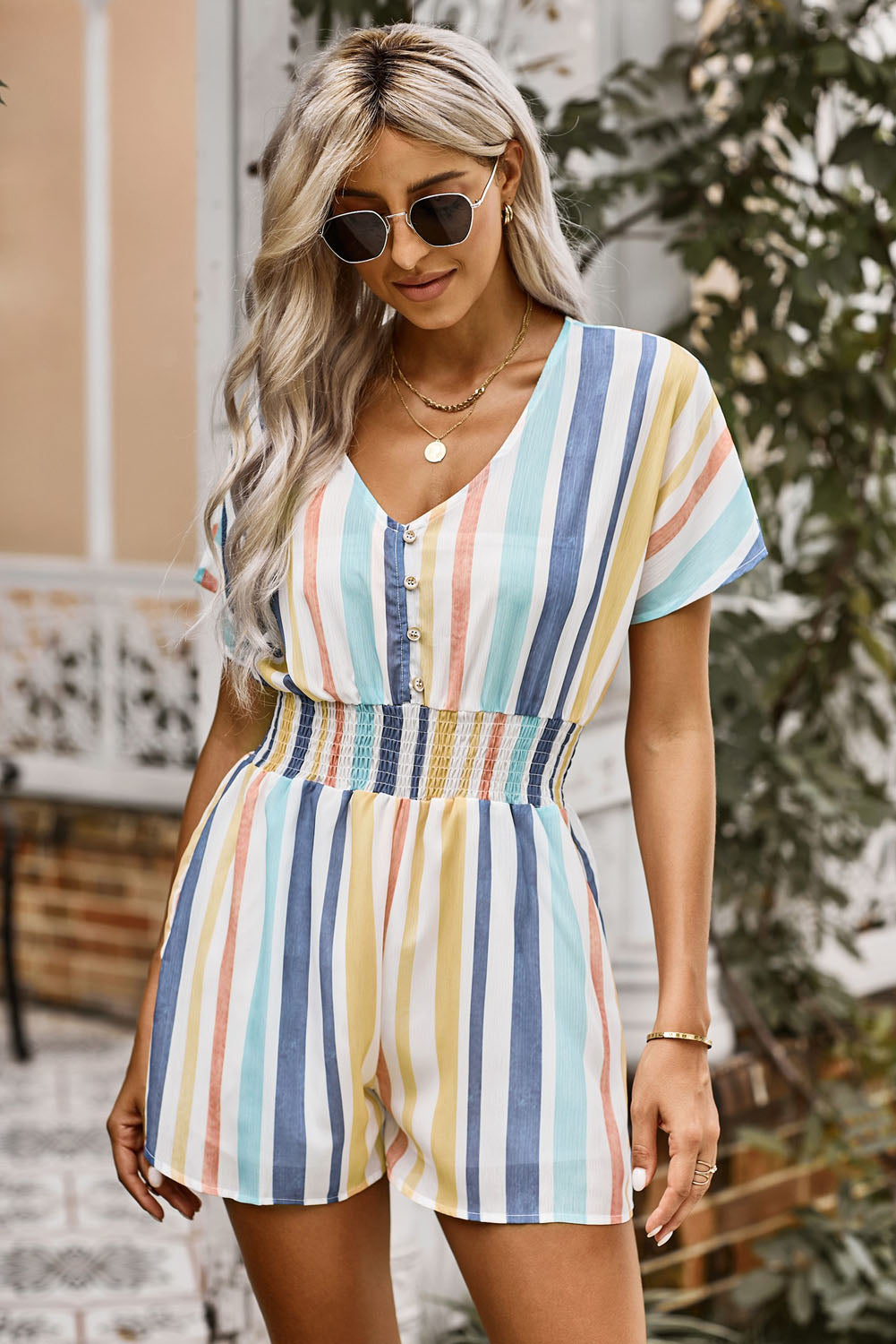 Striped Print V-neck Button Romper - LA Grand