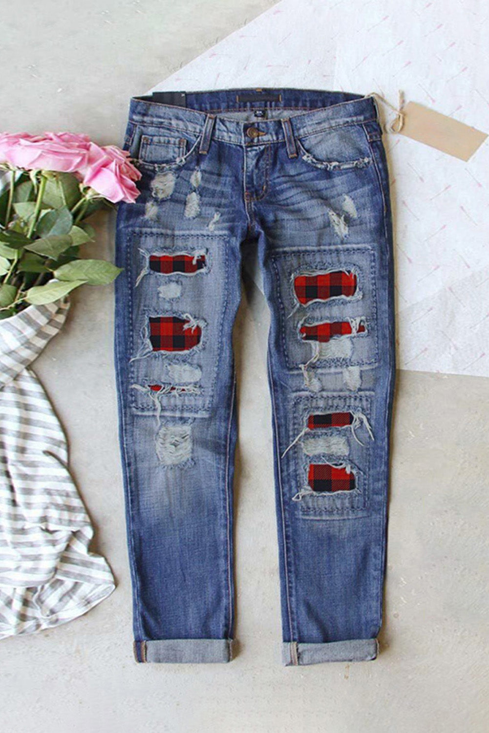 Buffalo Plaid Patches Distressed Straight Jeans - LA Grand