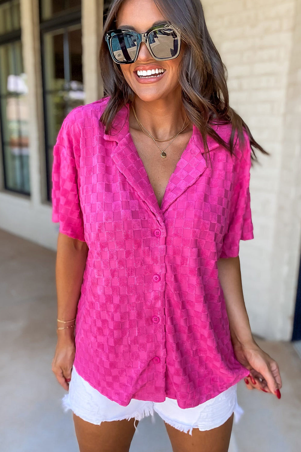 Bright Pink Lapel Neck Checkered Textured Short Sleeve Shirt - LA Grand