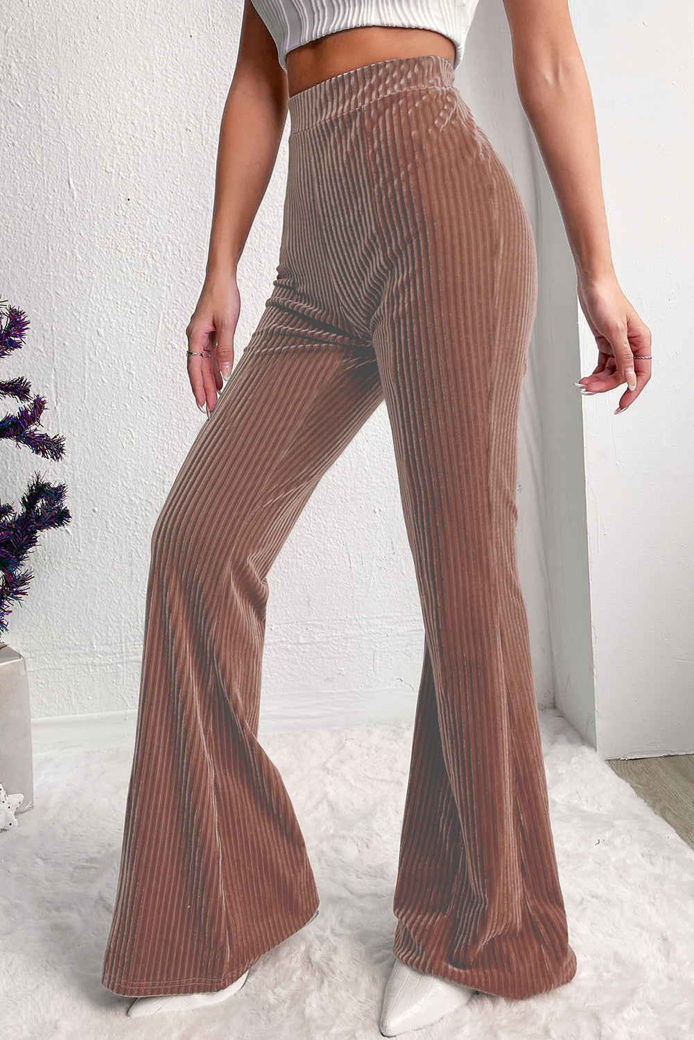 Chestnut Solid Color High Waist Flare Corduroy Pants - LA Grand