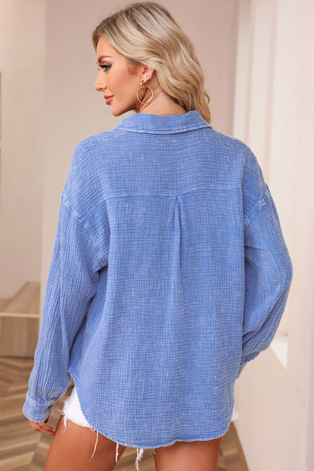 Sky Blue Mineral Wash Crinkle Textured Chest Pockets Shirt - LA Grand