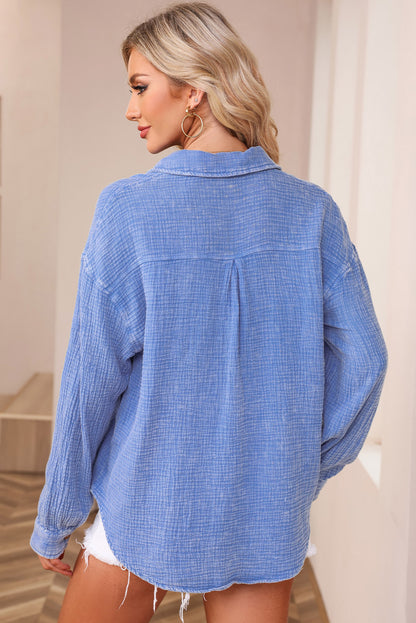 Sky Blue Mineral Wash Crinkle Textured Chest Pockets Shirt - LA Grand