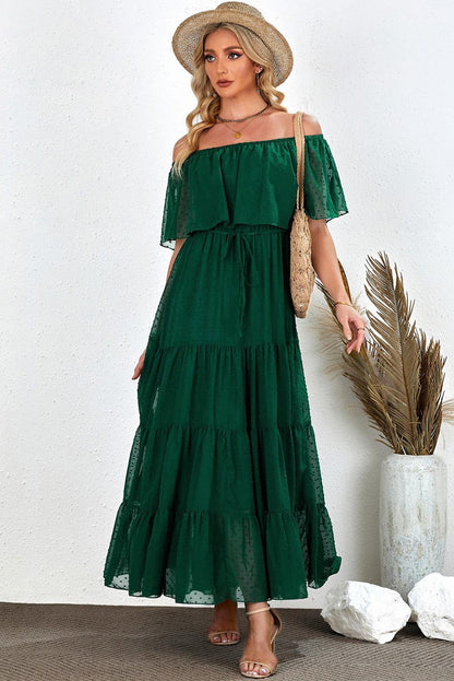 Verde Sunshine Off-Shoulder Swiss Dot Maxi Dress - LA Grand